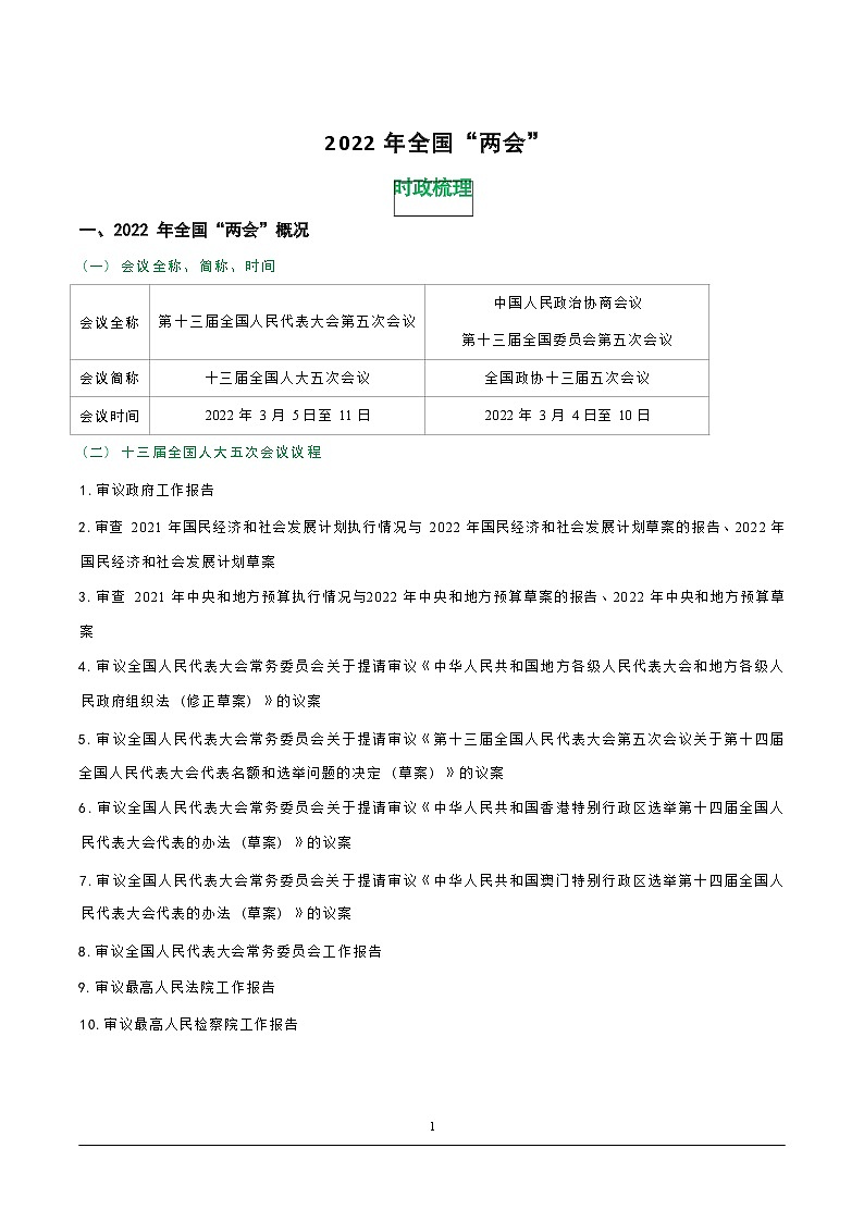 2022年中考道德与法治热点专题复习学案：2022年全国“两会”01