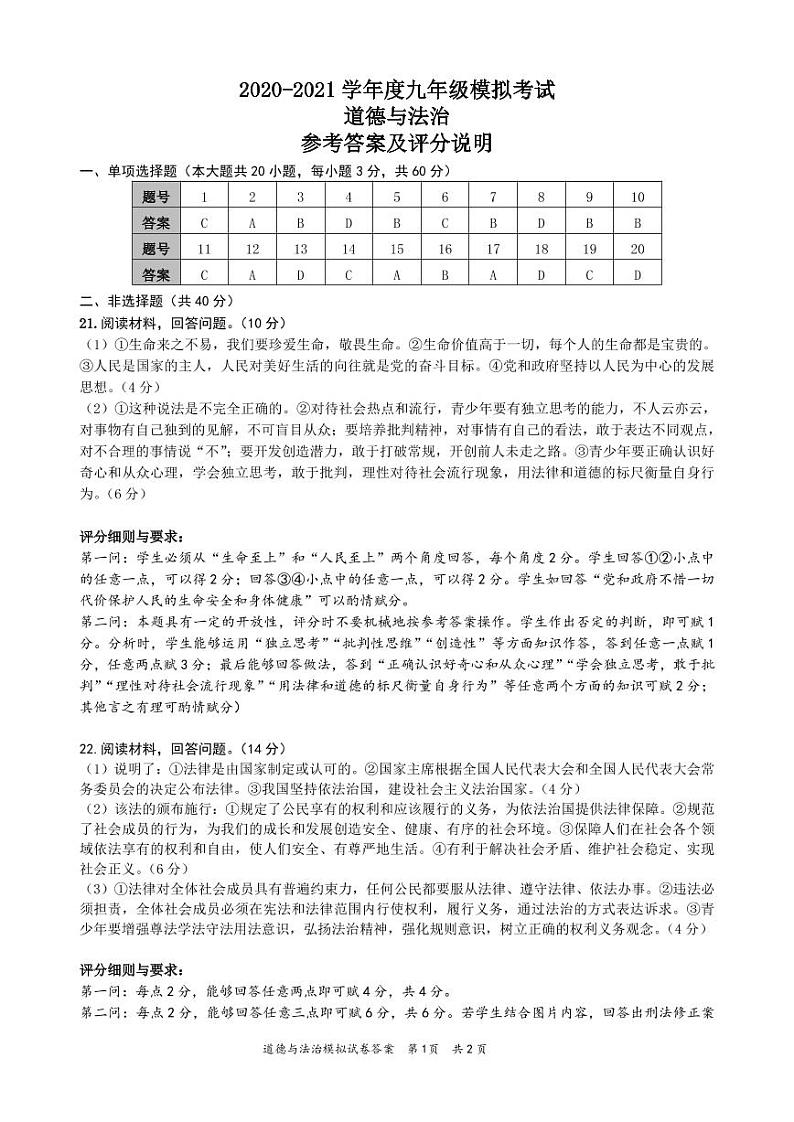 2021年广东省汕尾市海丰县中考模拟考试道德与法治卷（答案）第1页