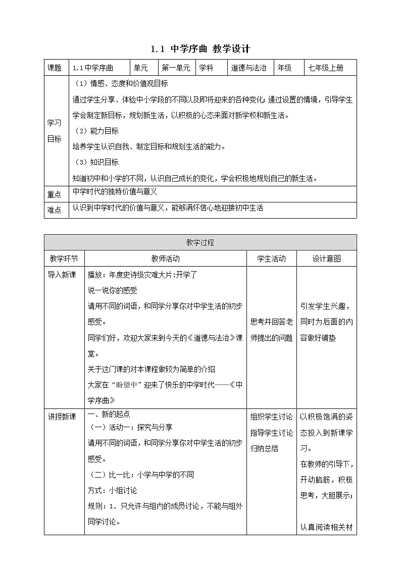 部编版七年级道德与法治上册 1.1中学序曲 课件+同步教案+视频素材01