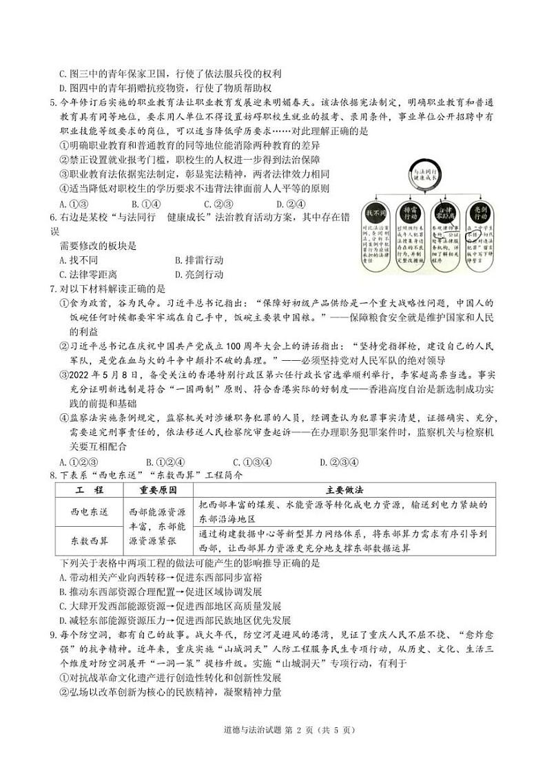2022年重庆市中考真题道德与法治A卷无答案（图片版）第2页