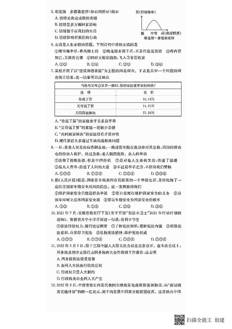2022年安徽省中考真题道德与法治卷无答案（图片版）第2页