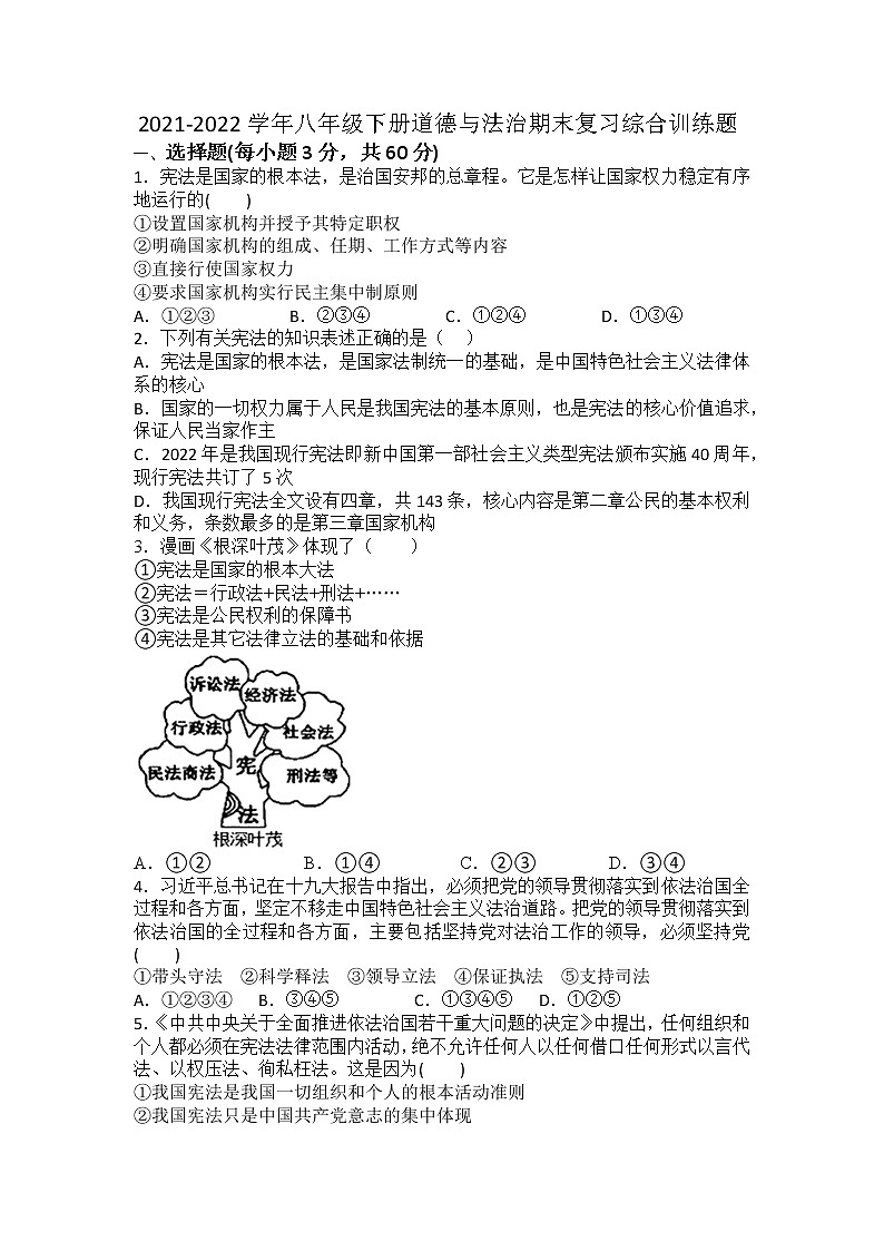2021-2022学年部编版道德与法治八年级下册期末复习综合训练题（含答案）第1页