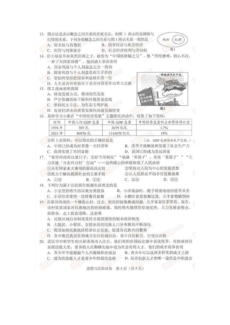 2022武汉中考道德与法治真题试卷及参考答案03