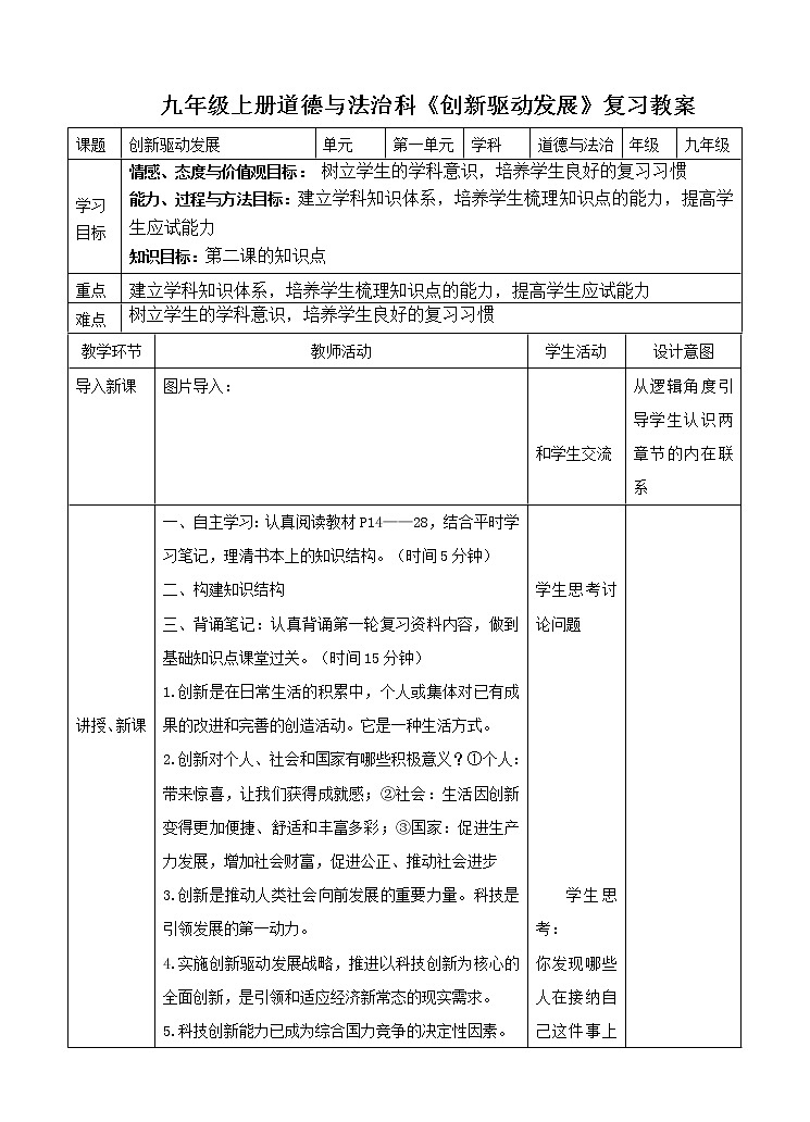 2021--2022学年度部编道德与法治九年级上册第二课创新驱动发展   复习教案01