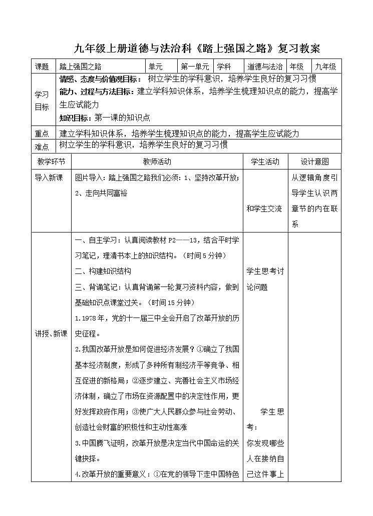 2021--2022学年度部编道德与法治九年级上册第1课踏上强国之路  复习教案01