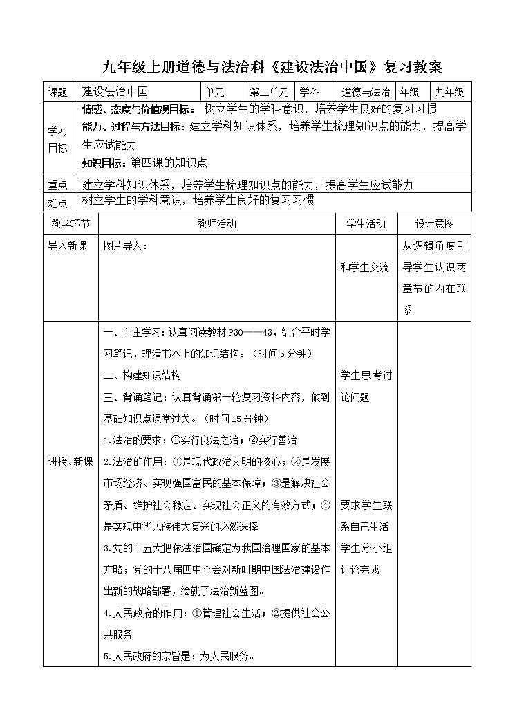 2021--2022学年度部编道德与法治九年级上册第4课建设法治中国    复习教案01