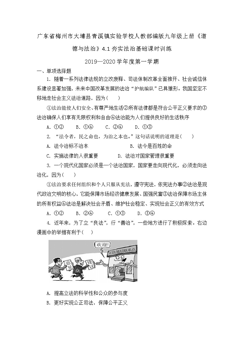 人教部编版九年级上册 道德与法治 4.1夯实法治基础  课时训练01