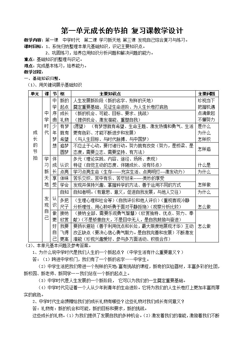 人教版《道德与法治》七年级上册 第一单元 成长的节拍 复习教案01