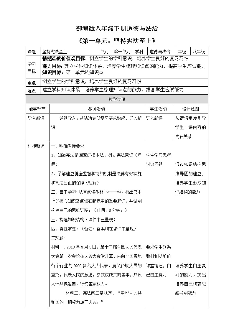 部编道德与法治8年级下册第一单元：坚持宪法至上复习教案01