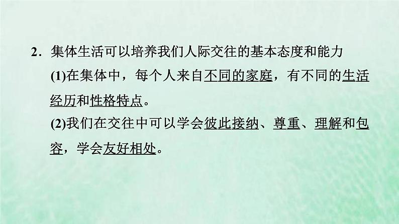 新人教版七年级道德与法治下册第3单元在集体中成长第6课我和我们第2框集体生活成就我习题课件第5页