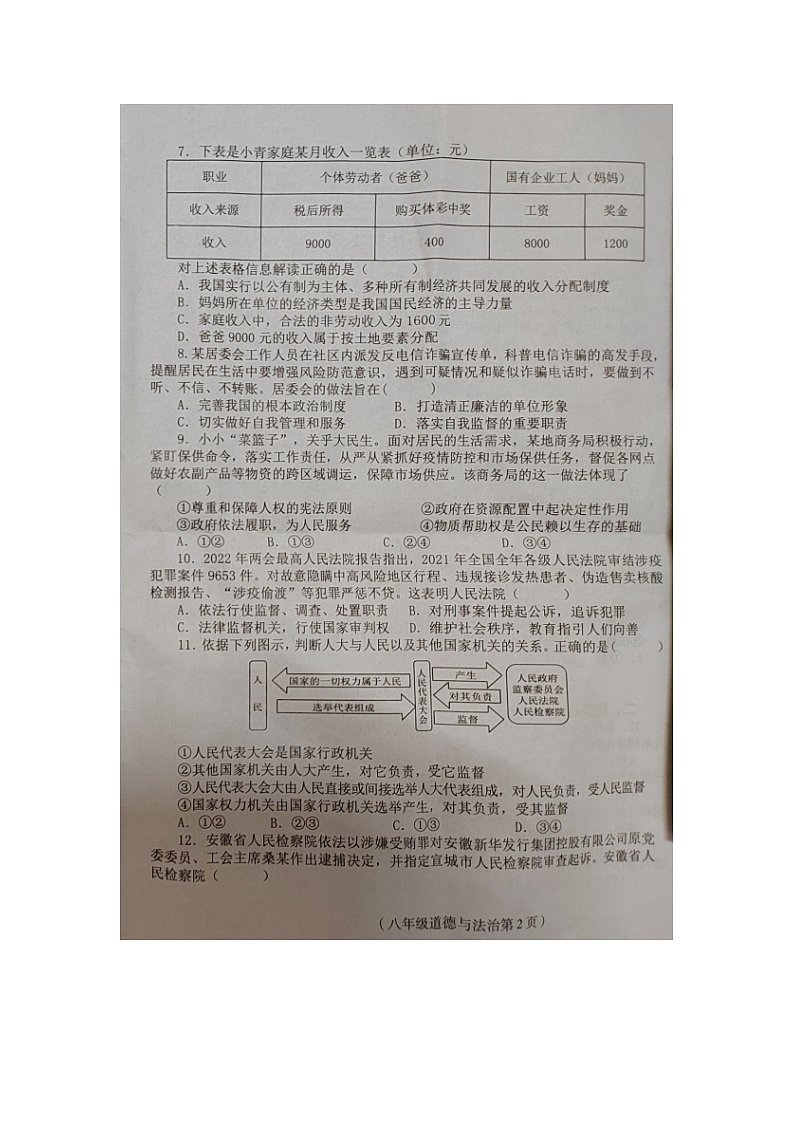 海南省临高县2021-2022学年八年级下学期期末检测道德与法治试题（含答案）02