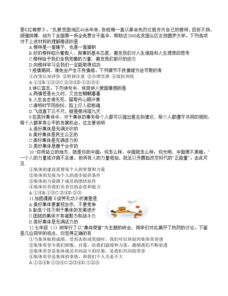 河南省鹤壁市淇滨区2021-2022学年七年级下学期期末考试道德与法治试题(word版含答案)第2页