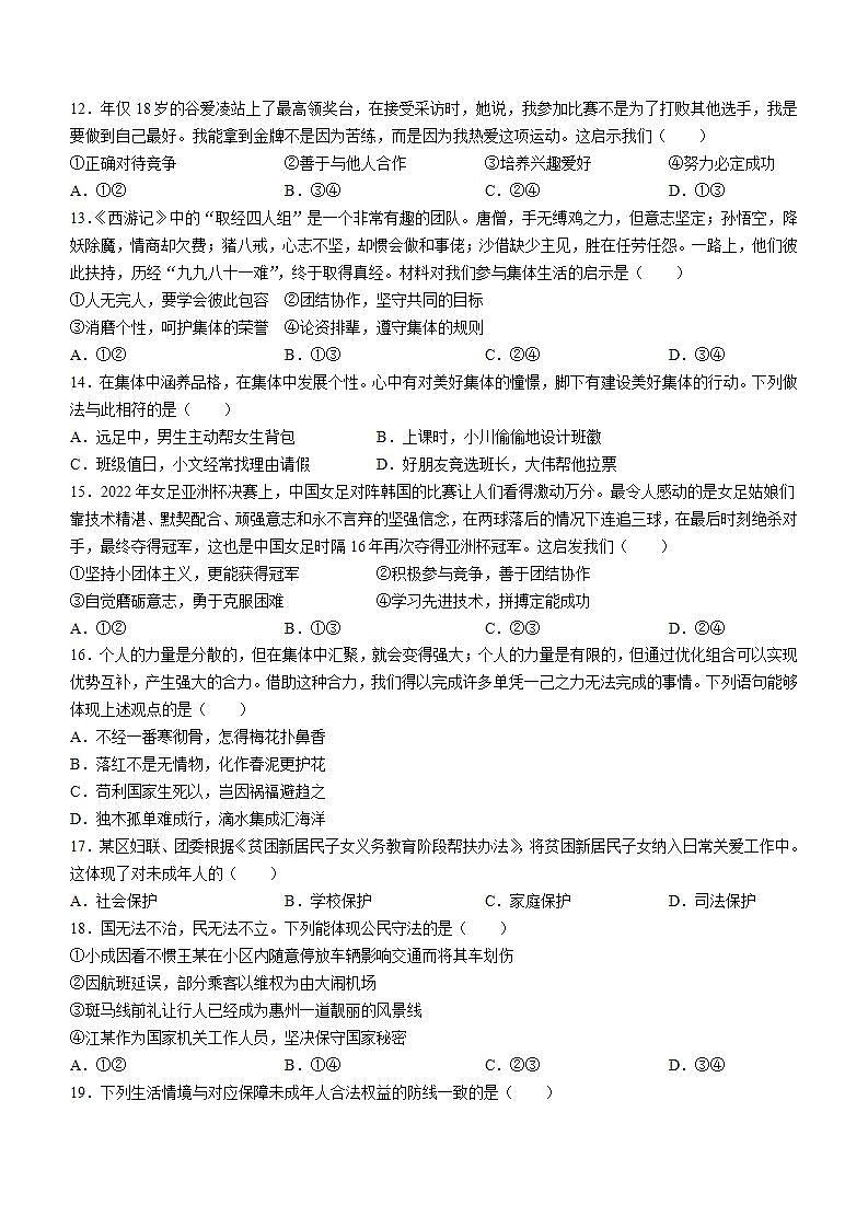 广东省惠州市惠阳区2021-2022学年七年级下学期期末道德与法治试题(word版含答案)03