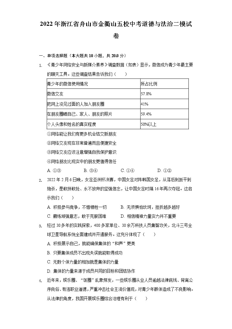 2022年浙江省舟山市金衢山五校中考道德与法治二模试卷(word版含答案)01
