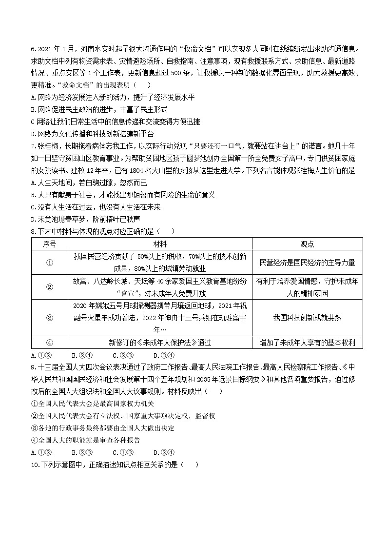 2022年河南省信阳市商城县中考三模道德与法治试题(word版无答案)第2页