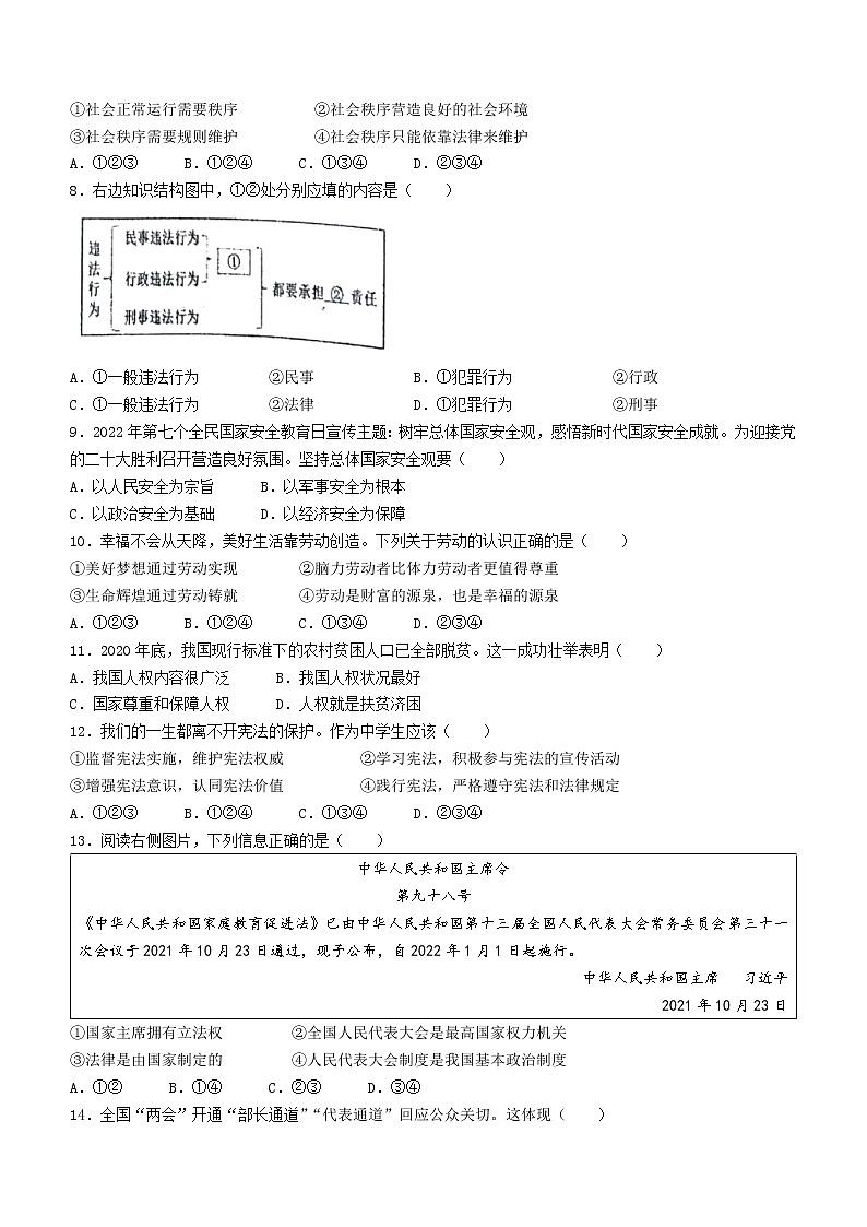 2022年江苏省扬州中学教育集团树人学校中考二模道德与法治试卷(word版无答案)02