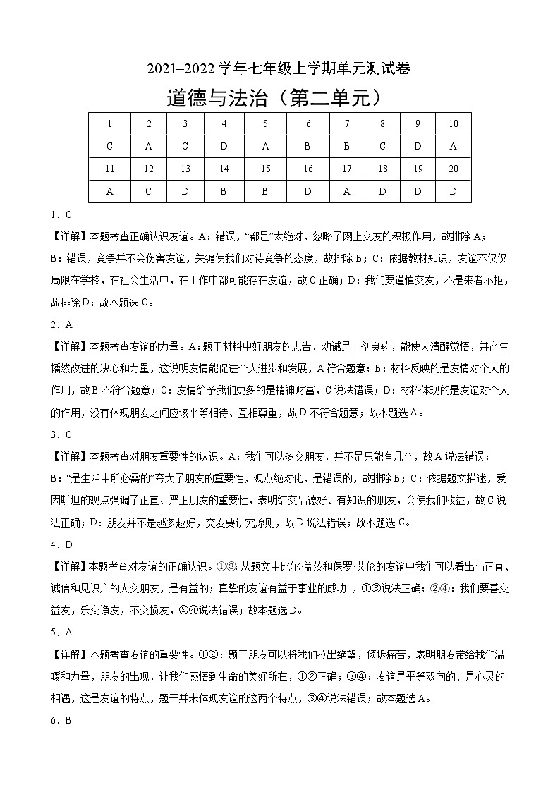 第二单元测试（解析版）-2021-2022学年七年级道德与法治上册课后培优练（部编版）第1页