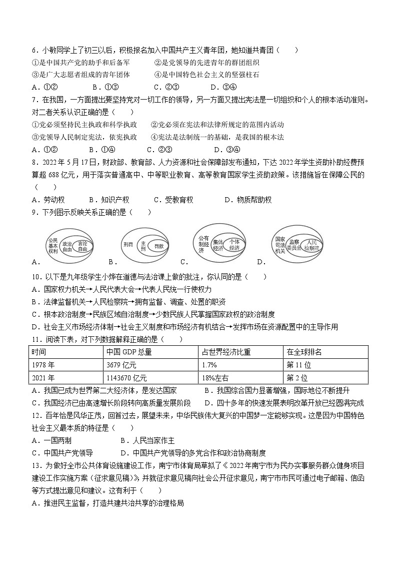 2022年广西南宁市青秀区初中学业水平考试收网（二）道德与法治试题(word版含答案)第2页