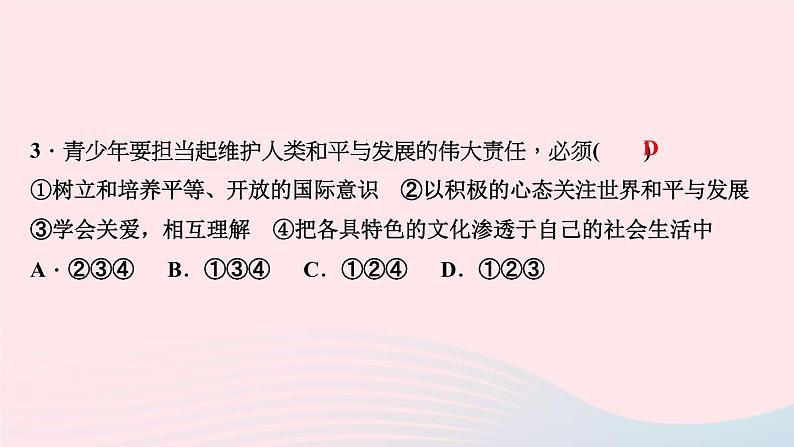 政治人教版九年级下册同步教学课件第3单元走向未来的少年第五课少年的担当第1课时走向世界大舞台作业05