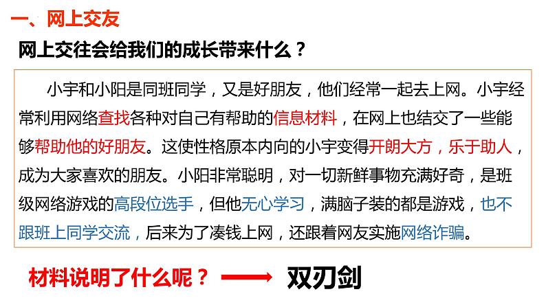 初中道德与法治七年级上册 5.2 网上交友新时空 （ 课件 ）第8页