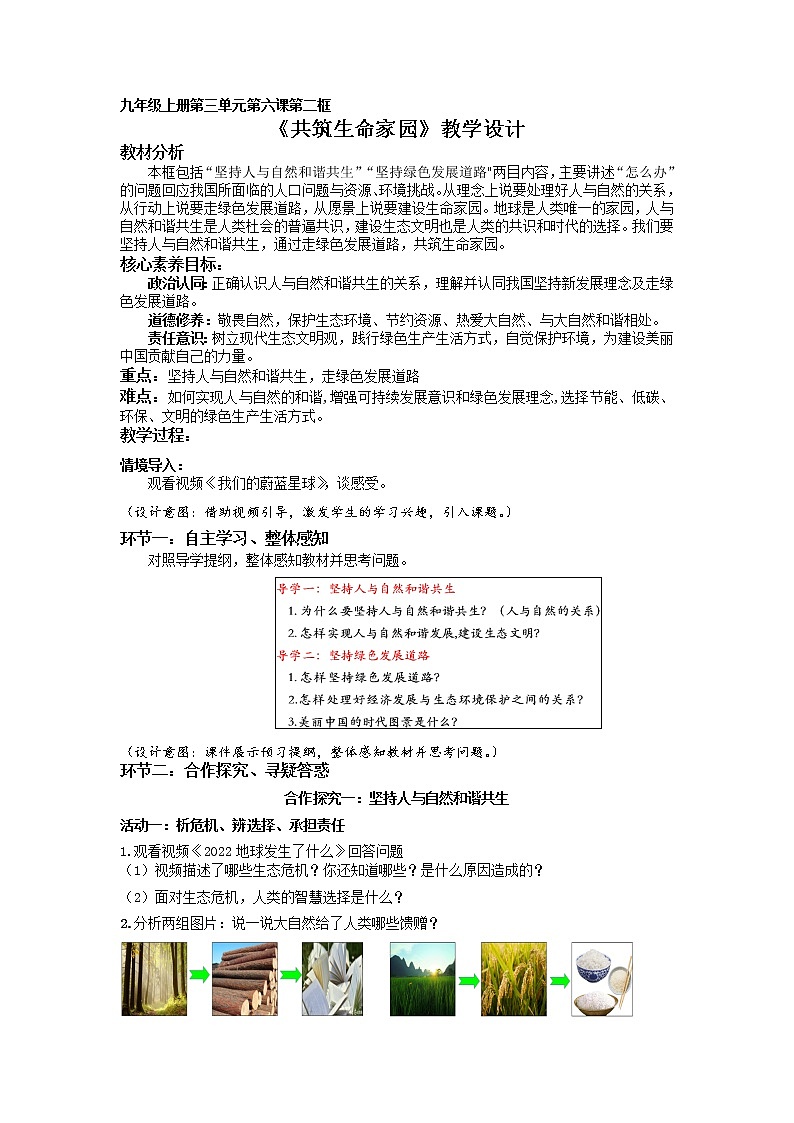 部编版道德与法治9年级上册6.2《共筑生命家园》课件+教案+导学案+素材01