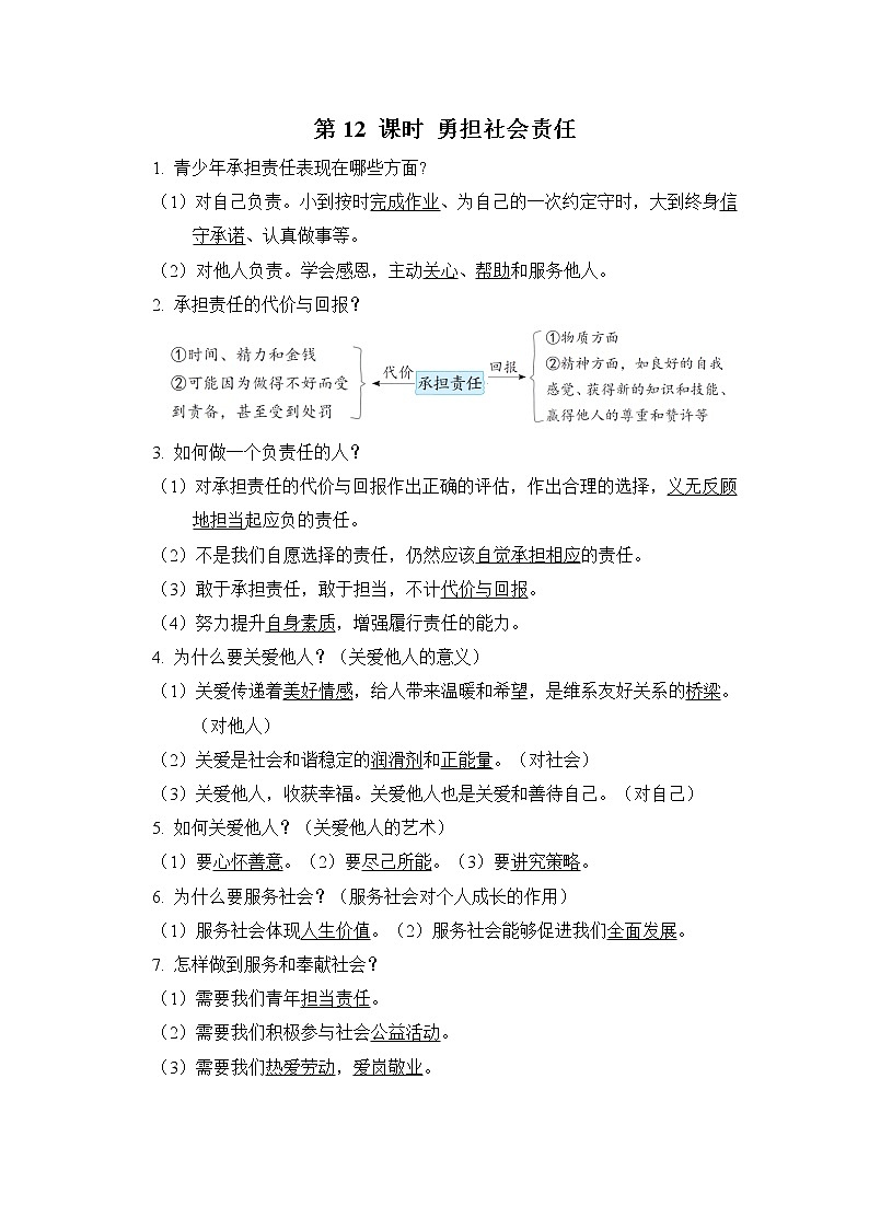 中考道德与法治复习第12课时勇担社会责任课时背诵+小测含答案01