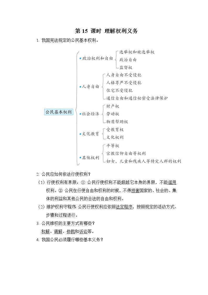 中考道德与法治复习第15课时理解权利义务课时背诵+小测含答案01