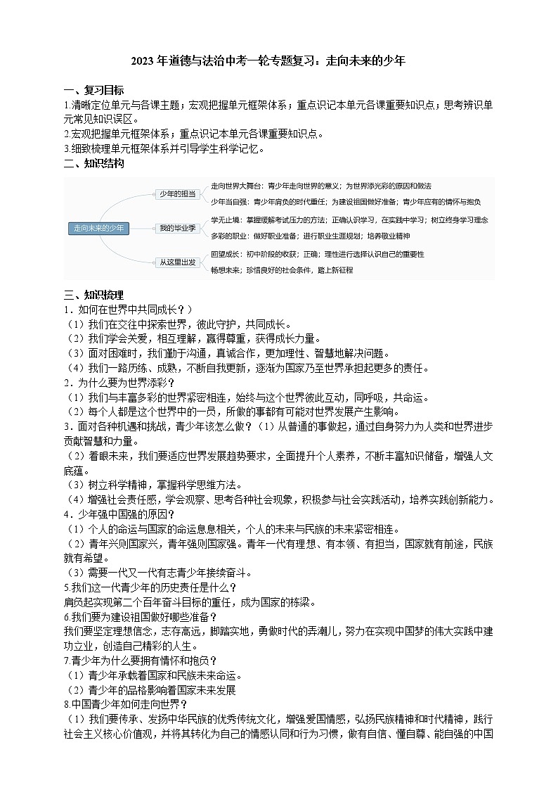 2023年道德与法治中考一轮专题复习：走向未来的少年第1页