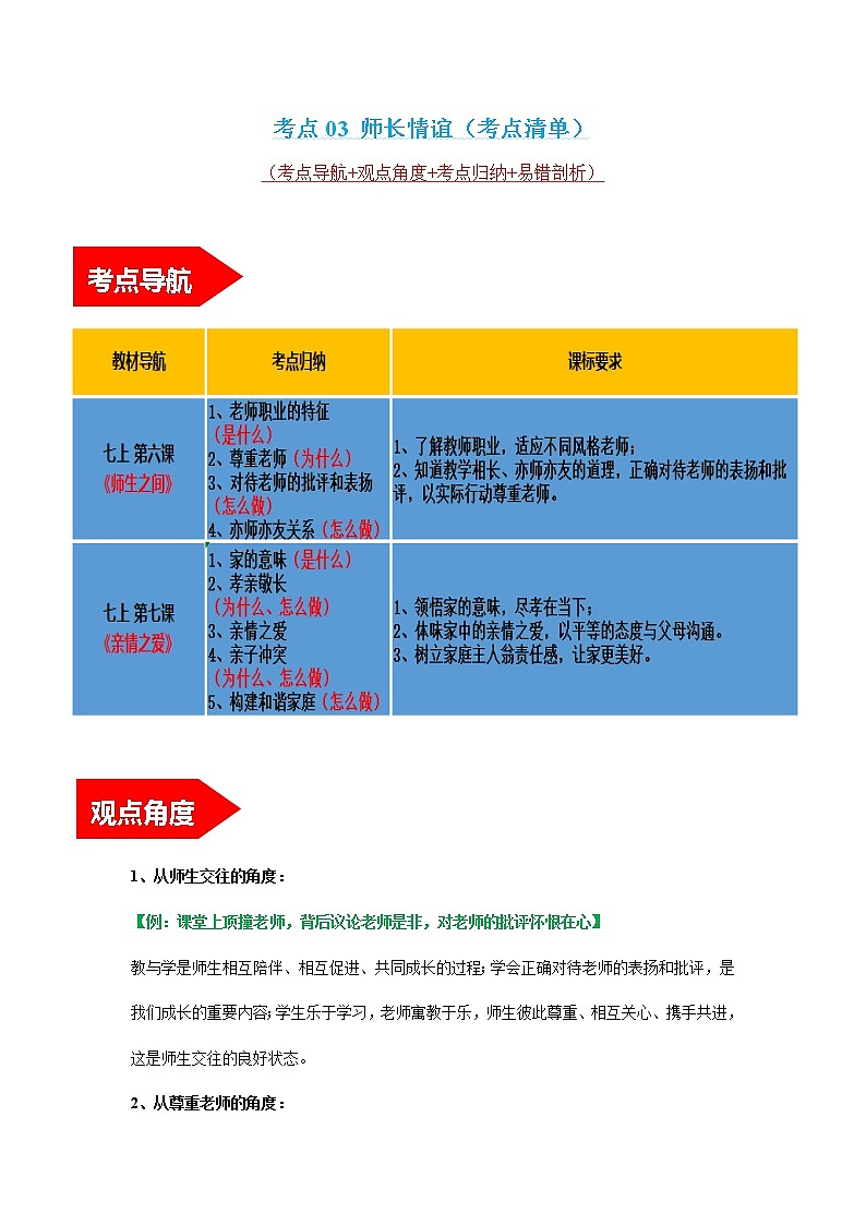 专题03 师长情谊 课件＋考点清单＋对点练习01