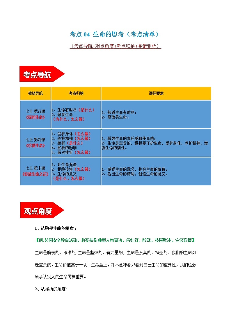 考点04 生命的思考（考点清单）第1页