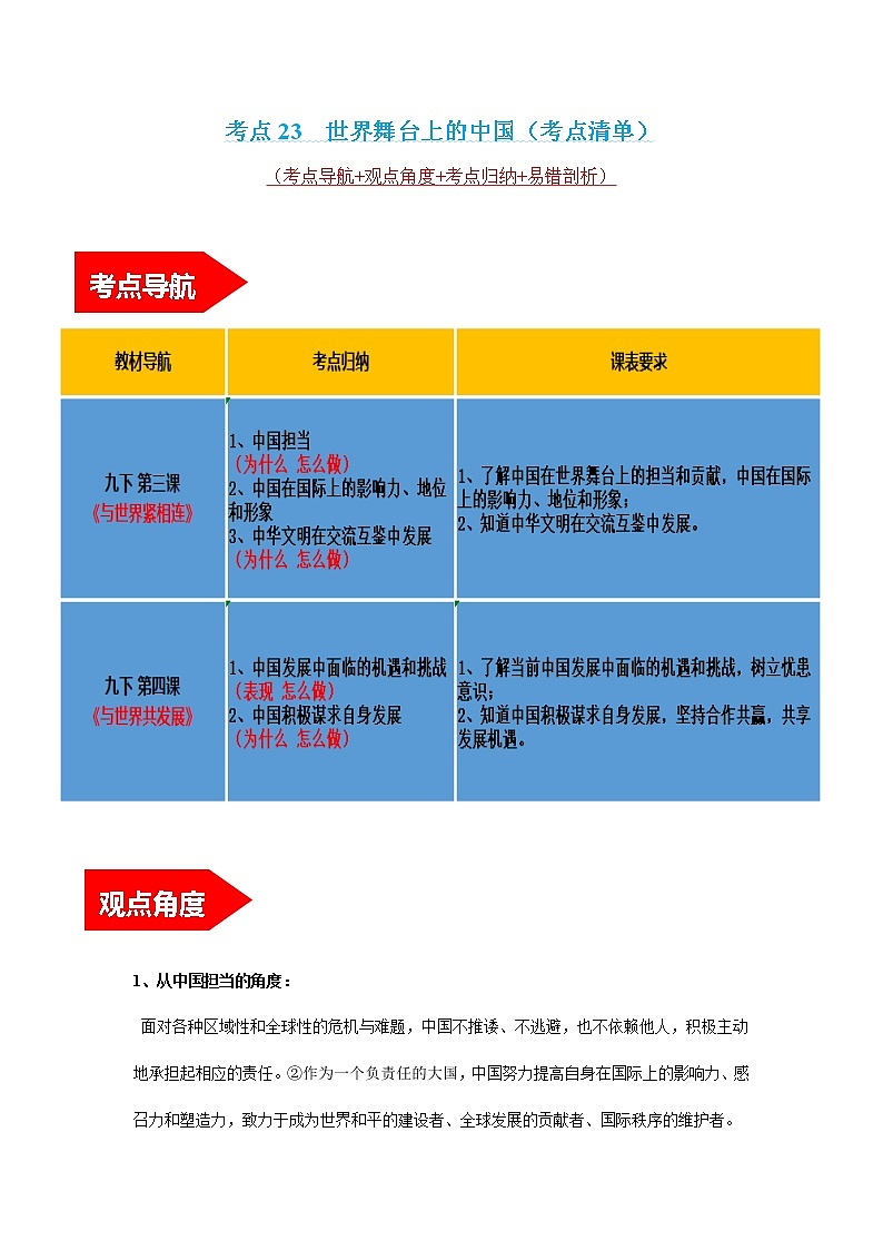 专题23 世界舞台上的中国 课件＋考点清单＋对点练习01