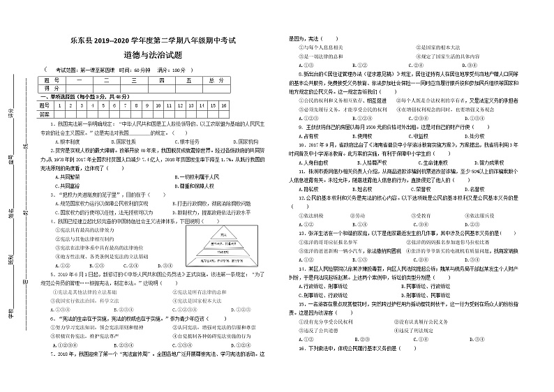 海南省乐东县2019-2020学年八年级下学期期中考试道德与法治试题(含答案)01