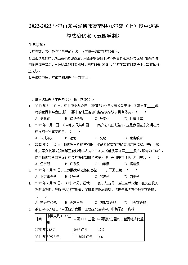 山东省淄博市高青县（五四学制） 2022-2023学年九年级上学期期中道德与法治试卷（含答案）第1页