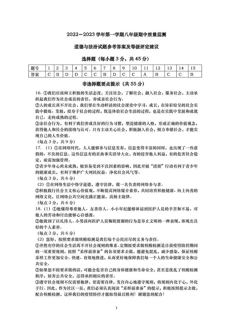 山西省太原市2022-2023学年初二上学期期中 道德与法治试卷及答案（含答题卡）01