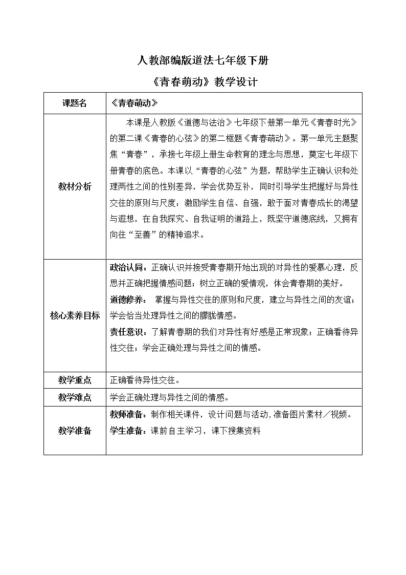 部编版7下道德与法治第二课第二框《青春萌动》教案第1页