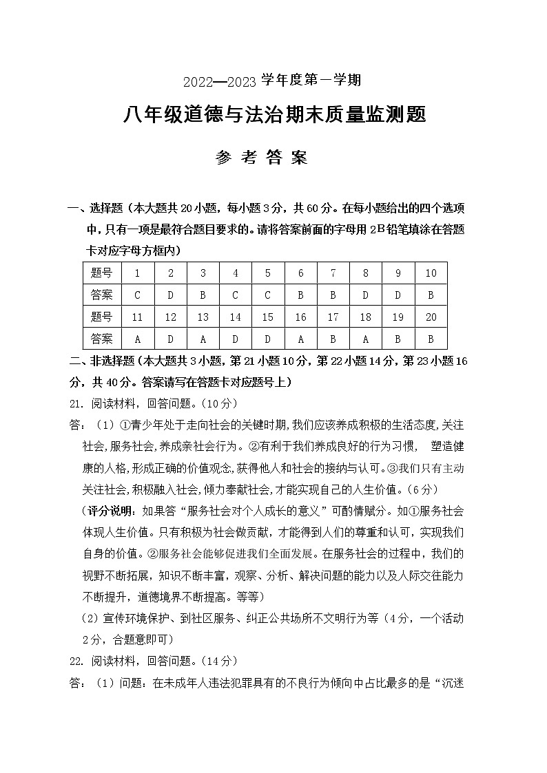 2022-2023学年度第一学期八年级道德与法治期末质量监测题答案第1页
