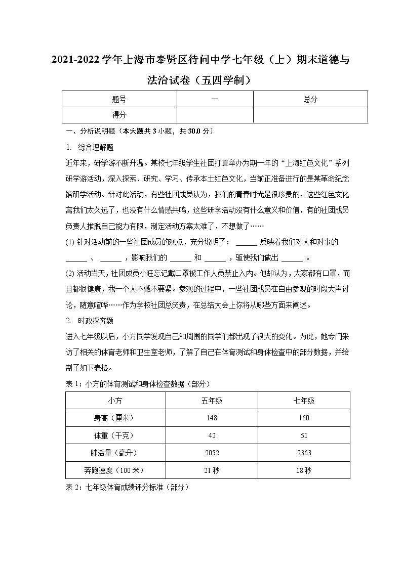 上海市奉贤区待问中学（五四学制） 2021-2022学年七年级上学期期末考试道德与法治试卷(含答案)第1页