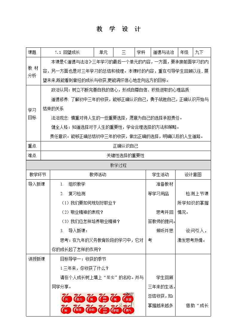 【核心素养目标】7.1 回望成长 教学设计 第1页