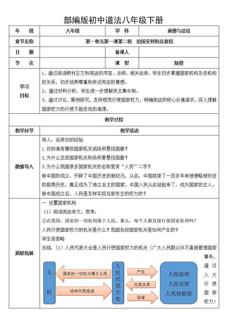 八下道法1.2治国安邦的总章程 教案第1页
