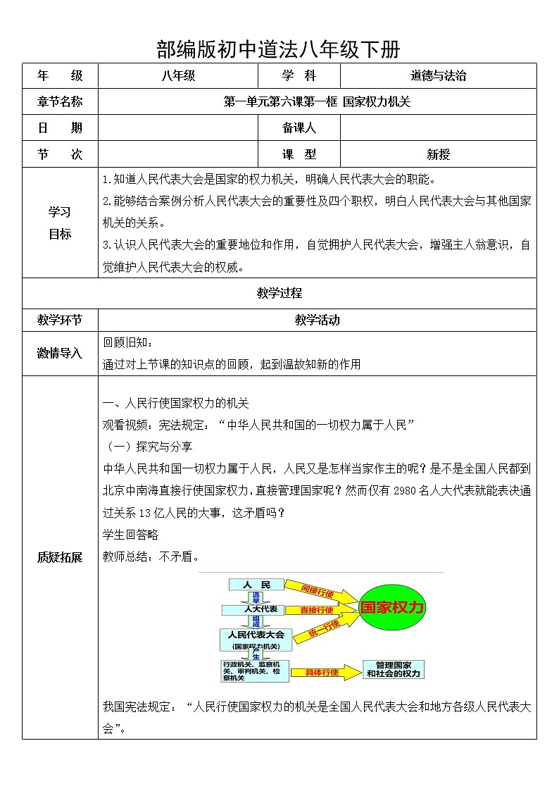 八下道法6.1国家权力机关 教案第1页