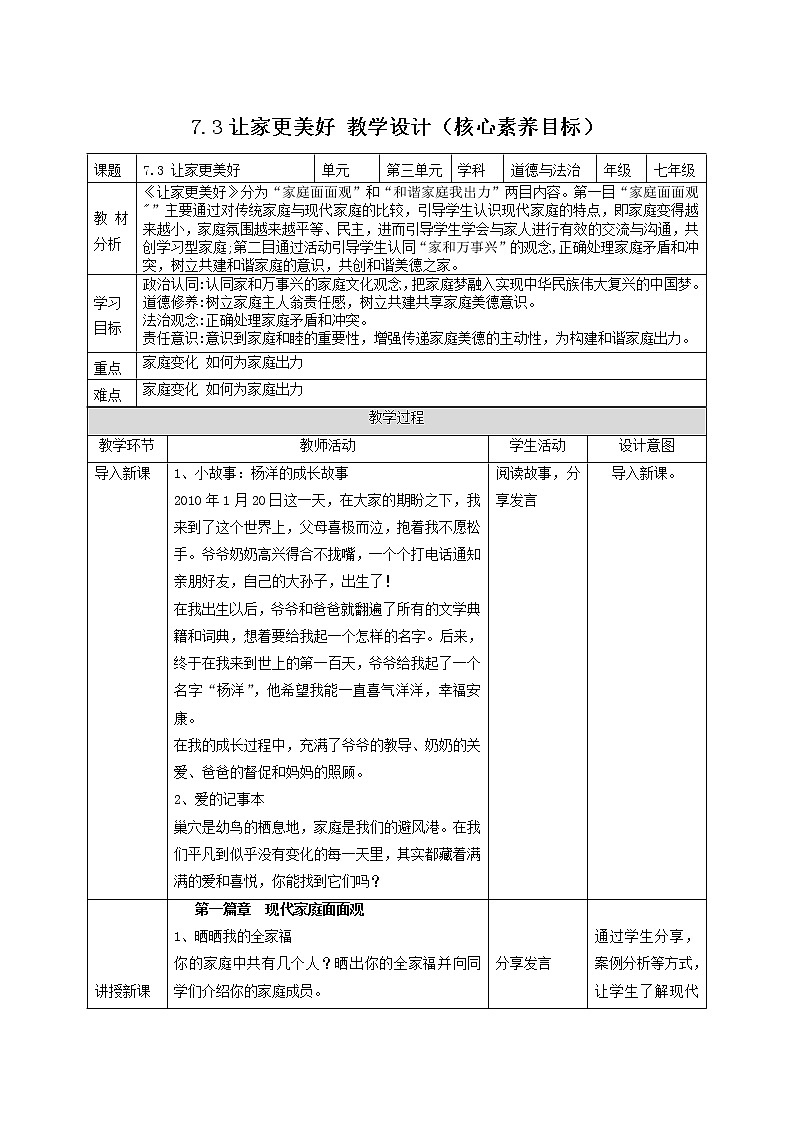 7.3让家更美好（教案）-2022-2023学年七年级道德与法治上册高效备课精优课件＋教案第1页