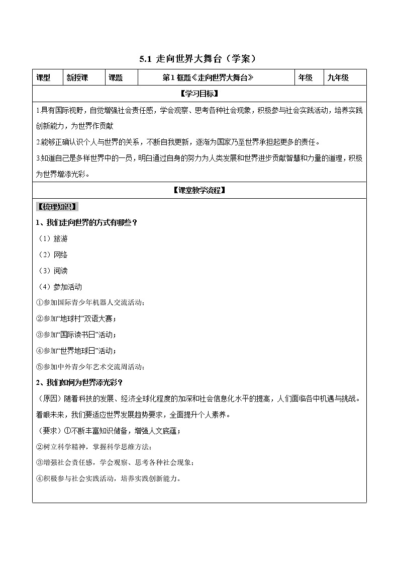 5.1 走向世界大舞台（课件+教案+学案+练习+视频）部编版九年级道德与法治下册精品备课资源（教案 课件 学案 练习）01