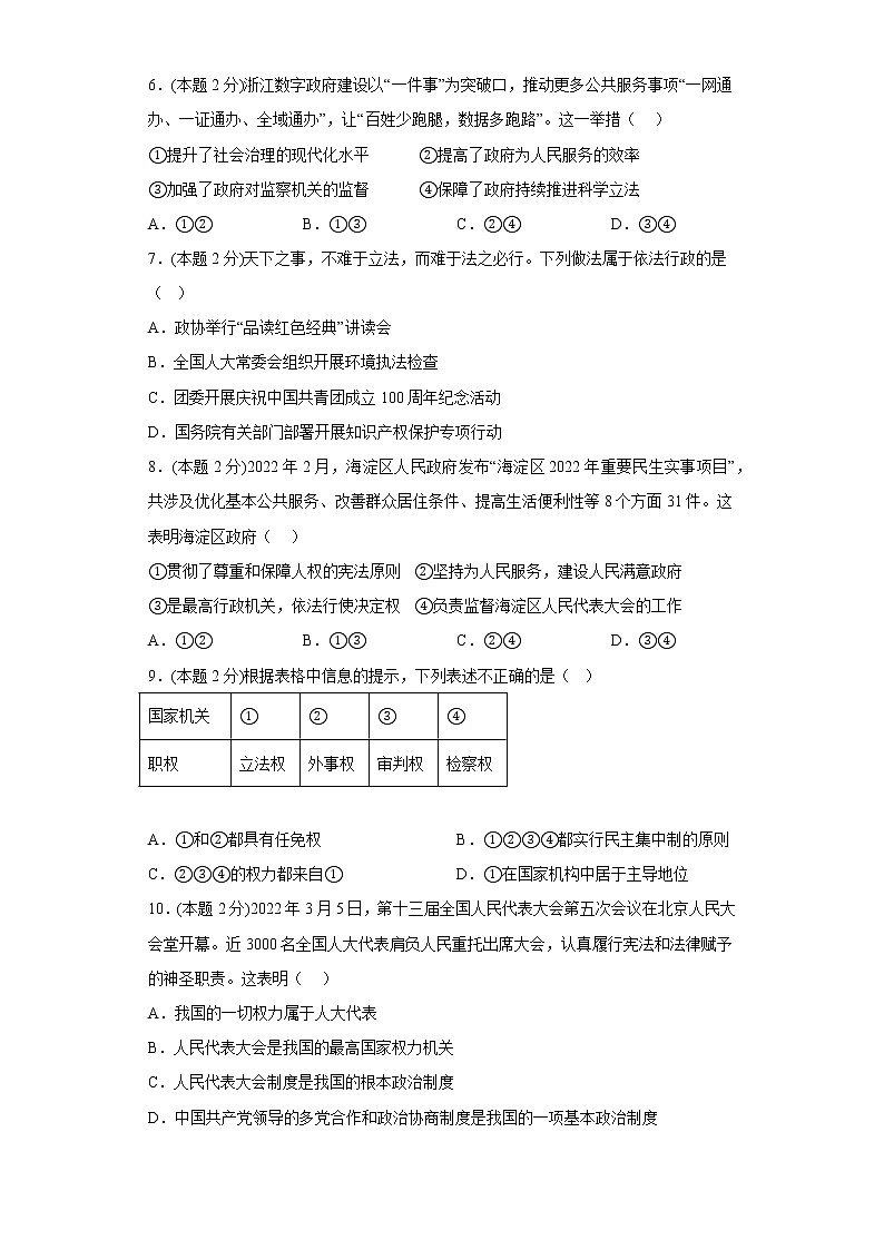 6.我国国家机构基础练习题部编版道德与法治八年级下册第2页