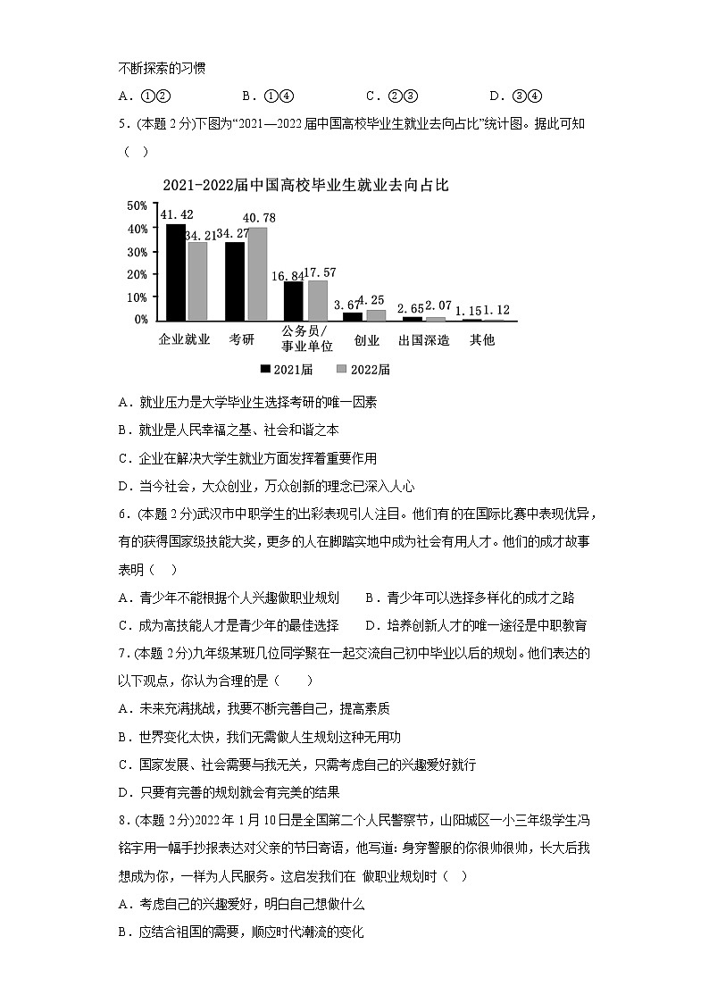 6.2多彩的职业提升练习题部编版道德与法治九年级下册02