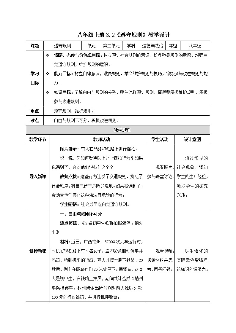 3.2遵守规则（教学设计）-2022-2023学年八年级道德与法治上册同步备课系列（部编版）第1页
