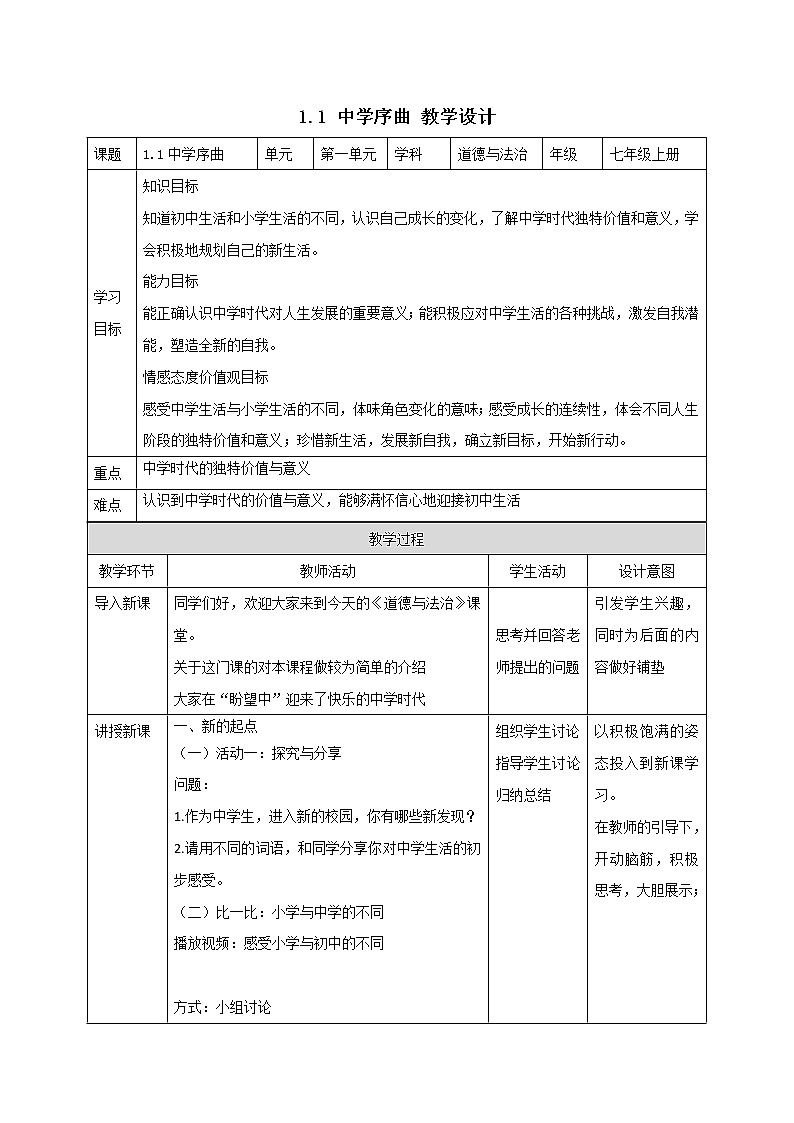 精编七年级道德与法治上册同步备课系列（部编版）1.1中学序曲 （精编课件+教案+学案+分层练习）01