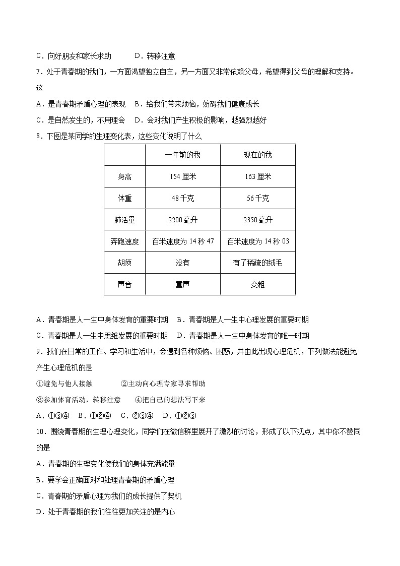 【同步练习】部编版初一政治下册 1.1 悄悄变化的我（课时练习）第2页