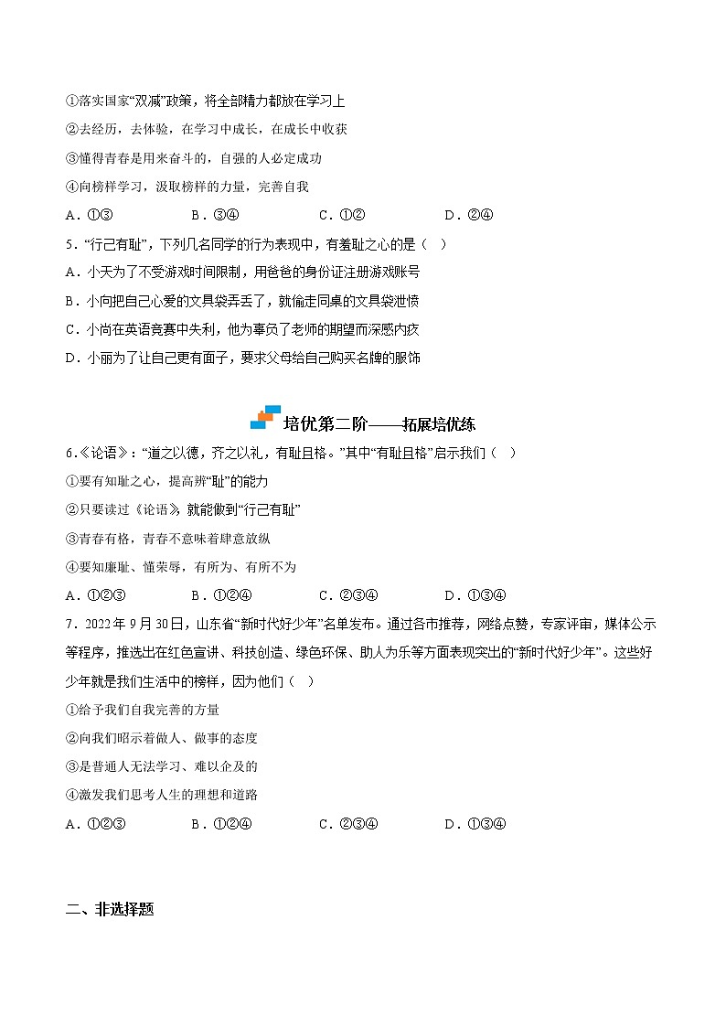 【同步练习】部编版初一政治下册 3.2 青春有格（培优训练）第3页