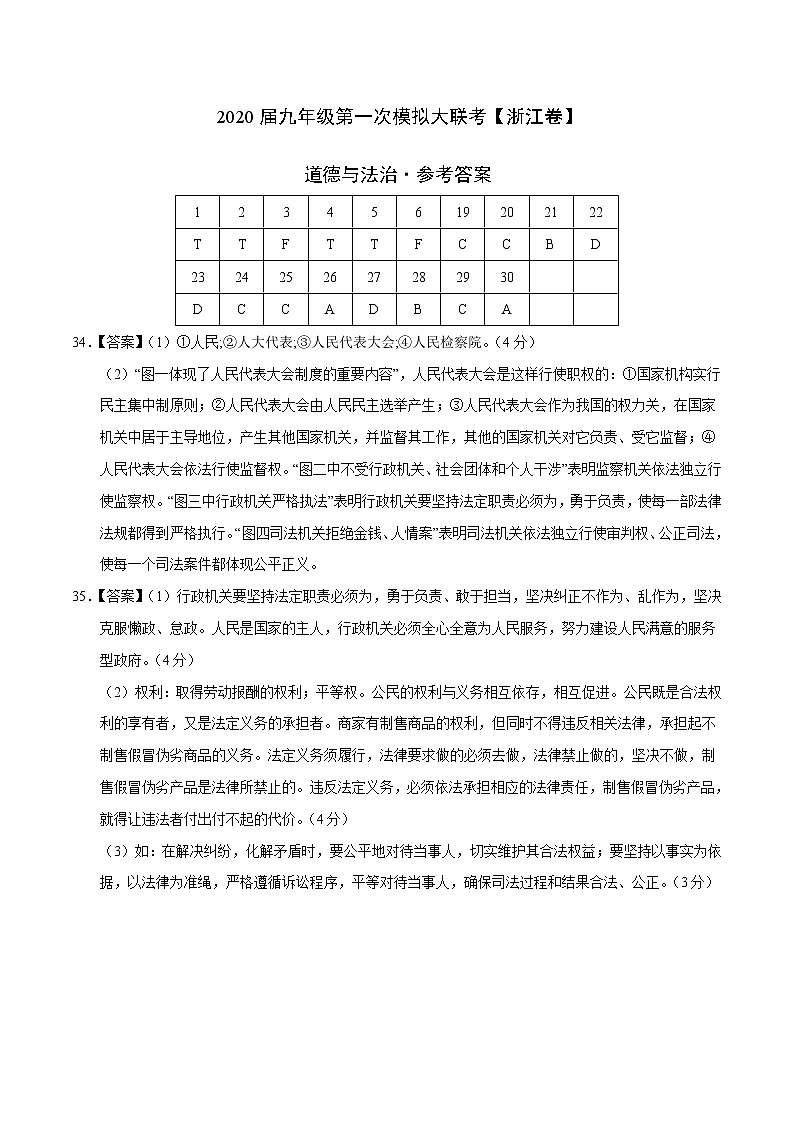 初中政治中考复习  2020年3月九年级第一次模拟大联考（浙江）-道德与法治（参考答案）第1页