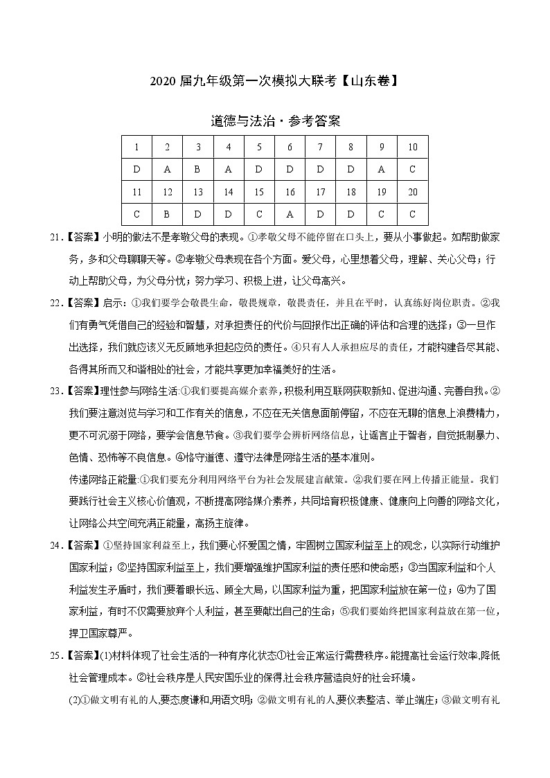 初中政治中考复习 （山东卷） 2020年3月九年级道德与法治第一次模拟大联考（参考答案）01